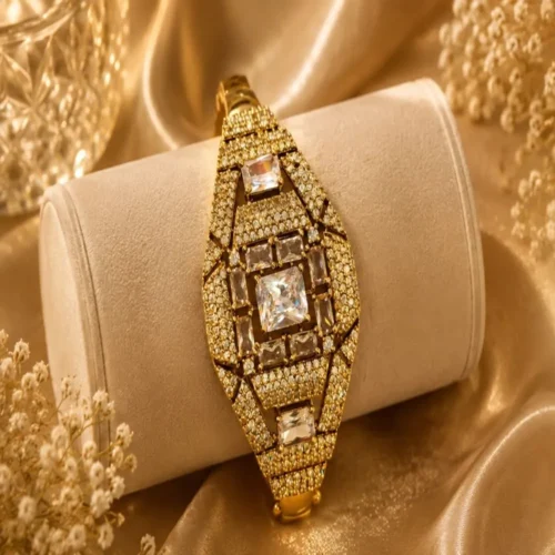 Women’s Luxury Gold-Plated Crystal Studded Geometric Cuff Bracelet | Elegant Party Wear Kada Bracelet for Wedding, Festive & Special Occasions