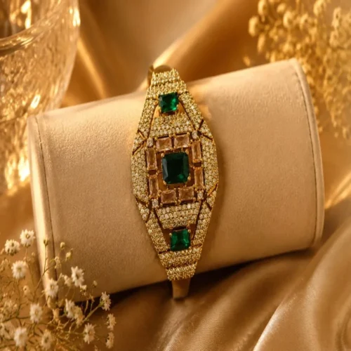 Women’s Premium Gold-Plated Emerald Green Crystal Studded Geometric Cuff Bracelet | Luxury Designer Kada for Wedding, Party & Festive Wear