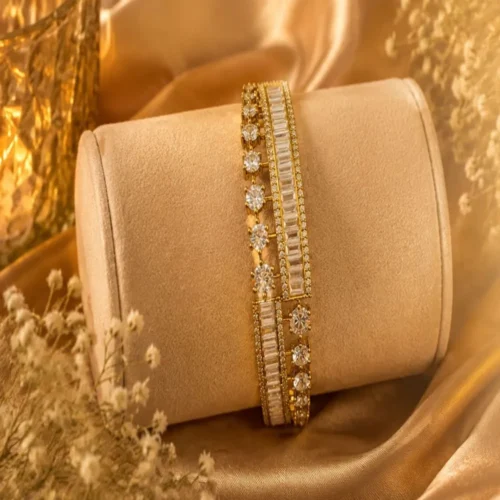Women’s Gold-Plated Crystal Studded Double Layer Bracelet | Elegant Designer Kada with Baguette & Round Cut Stones for Party, Wedding & Festive Wear